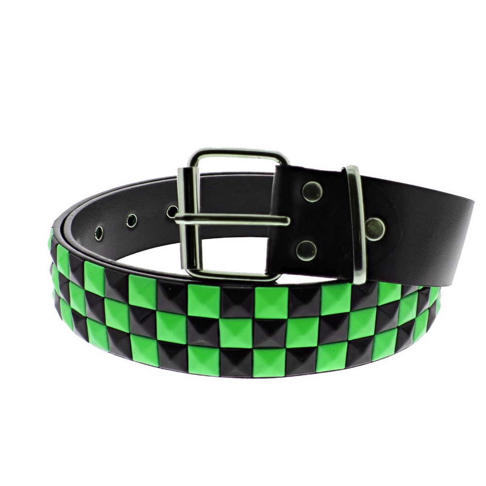 Zac's Alter Ego - Bicolour Chessboard 3 row Pyramid Studded Riem - Zwart/Groen